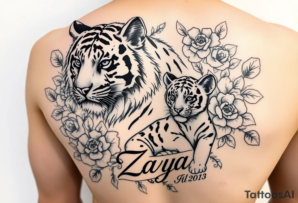 Beautiful, strong and fierce adult female tiger and her cub surrounded by roses and flowers with my daughters name “Zaya” half a sleeve on my arm tattoo idea