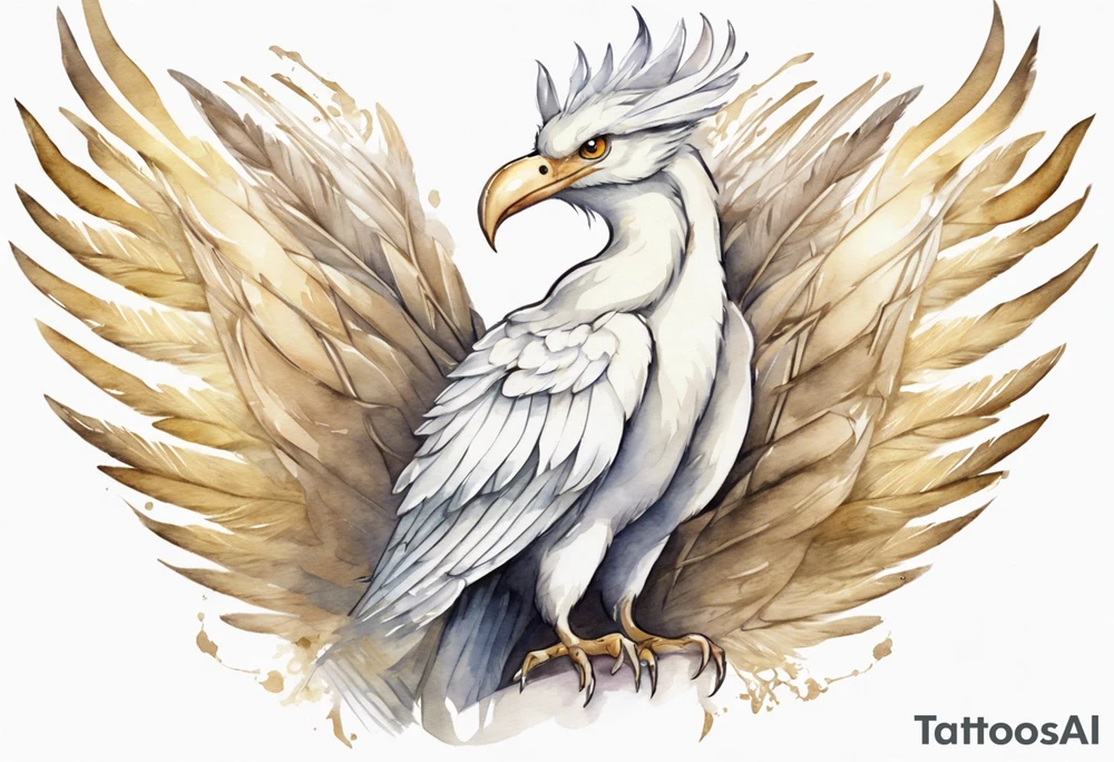 a watercolor of a white bird-serpent hybrid wearing a plain crown, with light gold wing feathers tattoo idea