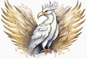 a watercolor of a white bird-serpent hybrid wearing a plain crown, with light gold wing feathers tattoo idea