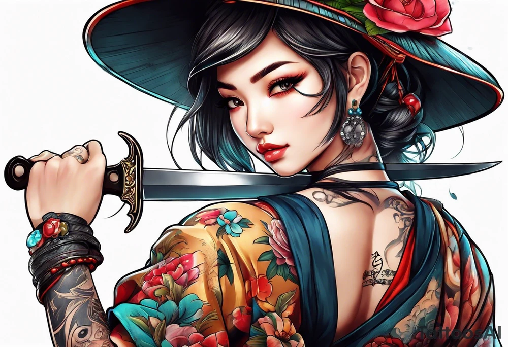 Cute girl with a bayonet knife in hands tattoo idea