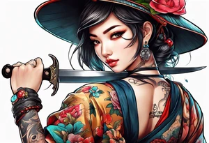 Cute girl with a bayonet knife in hands tattoo idea