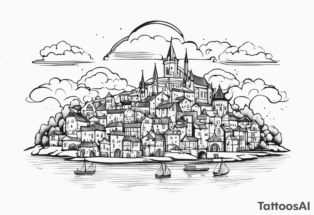 cloud medieval town tattoo idea