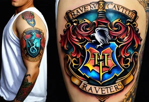 Harry Potter themed full sleeve. Include the Hogwarts castle, a golden snitch, and the Ravenclaw house crest tattoo idea