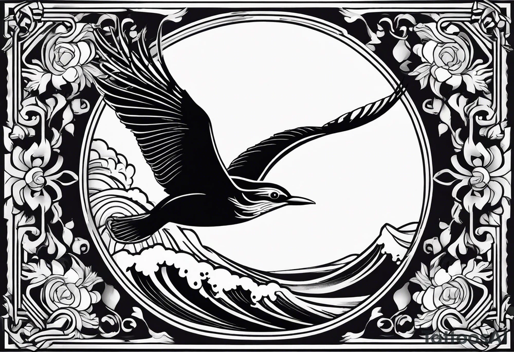 a bird surfing a japanese style wave inside an antique frame tattoo idea
