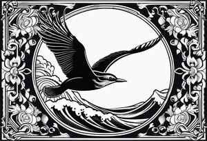 a bird surfing a japanese style wave inside an antique frame tattoo idea