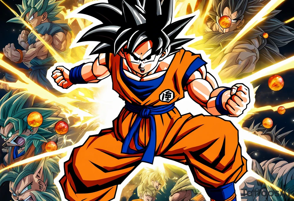 Son-Goku as a super saiyajin . A huge dragonball surrounds the whole scenery. Shadows of Gokus friends are surrounding him. tattoo idea