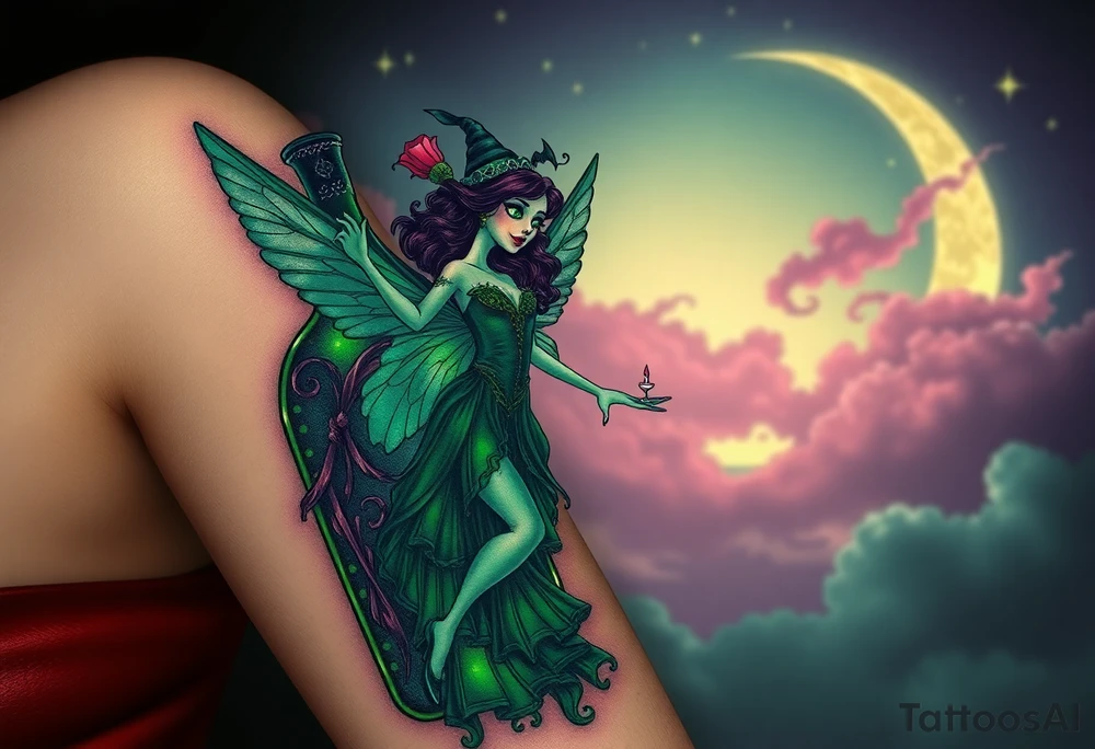 Tim Burton’s kelly doty pin up style Vintage Parisian elegant and hauntingly beautiful yet eerie full body absinthe Green Fairy dances outside her victorian crystal decatur she was once inside this elaborate ornate bottle absinthe bottle Absinthe Art Nouveau   and dripping with muted reds, dusty pinks, and eerie green glow.purple and cyan smokey clouds swirl in the crescent moonlit sky thats sprinkled with stars tattoo idea