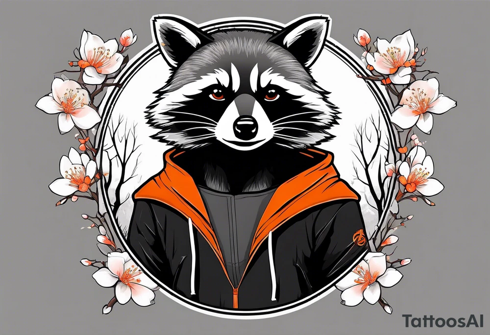 Raccoon wearing a white Superman logo on a black hoodie and orange Japanese cherry blossoms tattoo idea