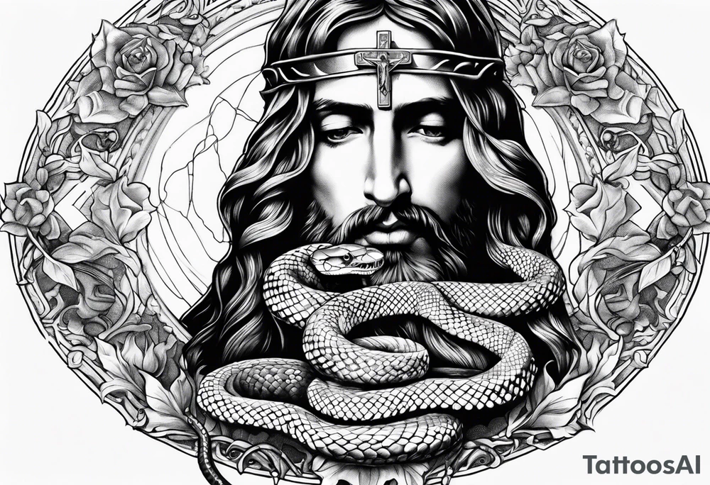 Snakes ans Jesus’s hands with a rosary tattoo idea