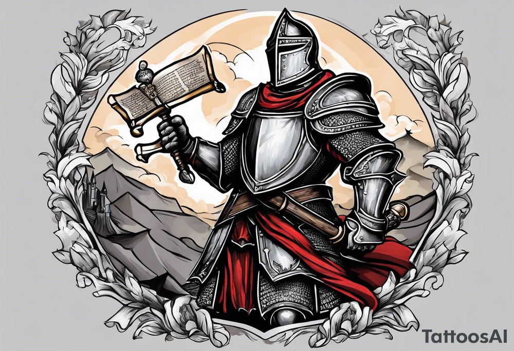 knight holding a bible over his head in combat tattoo idea