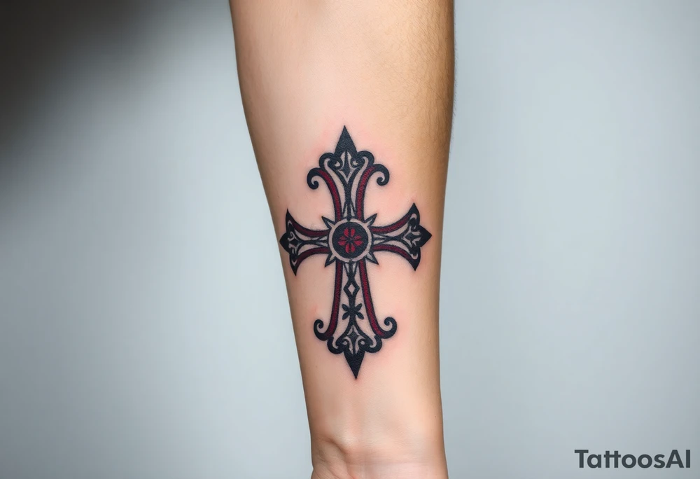 A Gothic-style Maltese cross with dark crimson shading and intricate baroque filigree, evoking mystery and power tattoo idea