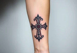 A Gothic-style Maltese cross with dark crimson shading and intricate baroque filigree, evoking mystery and power tattoo idea