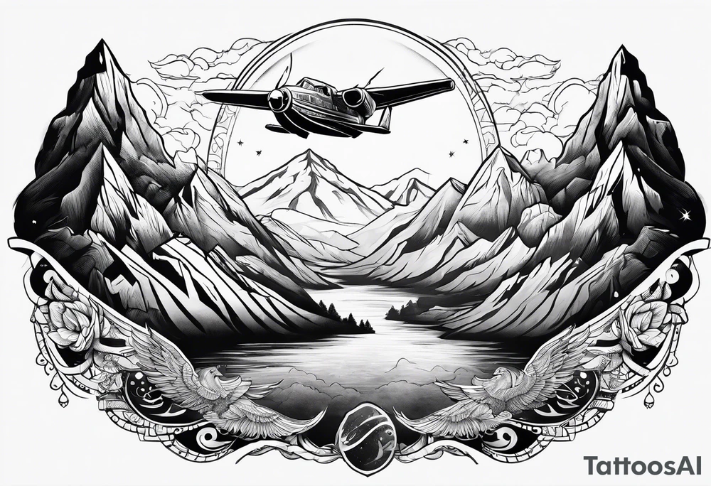 Space Viking flying over mountains tattoo idea