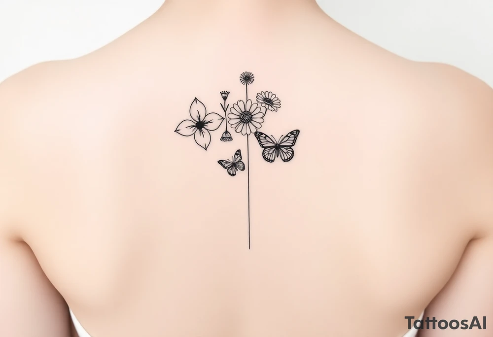 Vertical line down the middle

Water lily, honeysuckle, narcissus, violet and a daisy on top of vertical line

Small butterflies tattoo idea