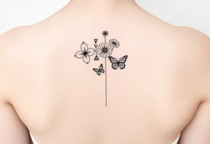 Vertical line down the middle

Water lily, honeysuckle, narcissus, violet and a daisy on top of vertical line

Small butterflies tattoo idea