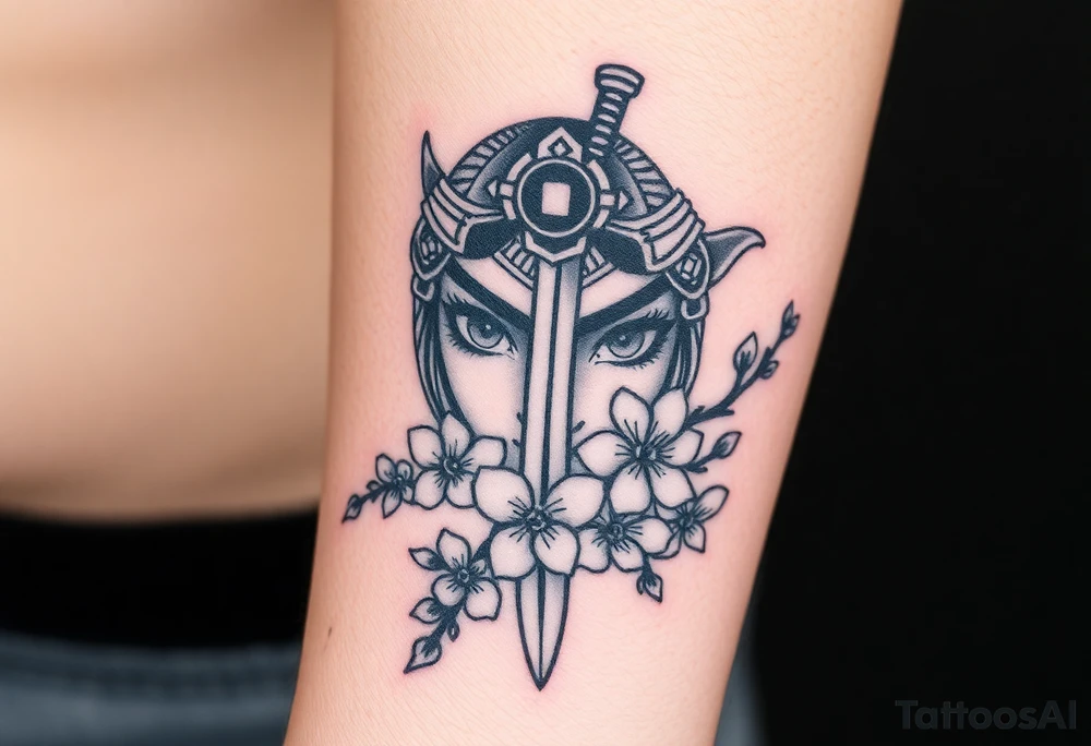 Samurai women eyes with sword cherry blossoms tattoo idea