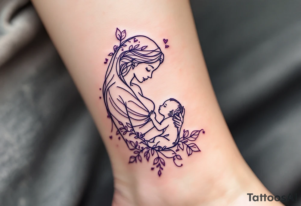 A minimalist outline of a mother breastfeeding her baby in soft lavender ink celebrates nurturing love. tattoo idea