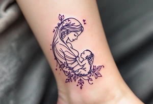 A minimalist outline of a mother breastfeeding her baby in soft lavender ink celebrates nurturing love. tattoo idea