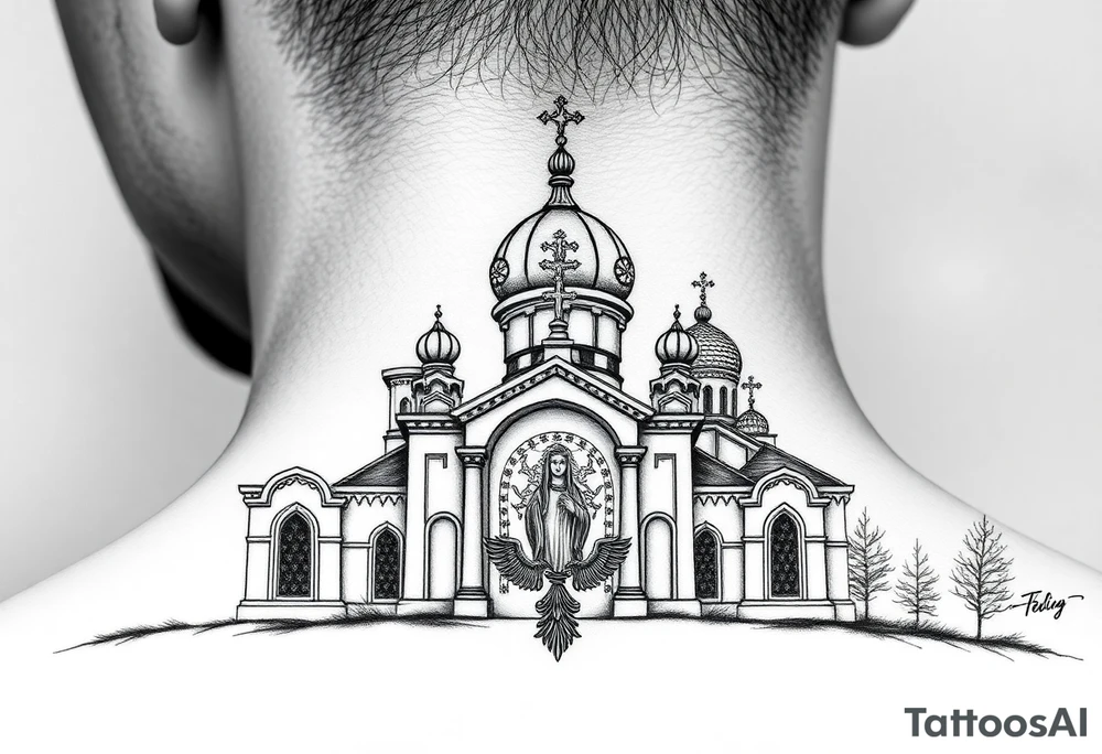 medium sized Russian orthodox church with bulb domes with a prominent russian orthodox coat of arms & virgin mary tattoo idea