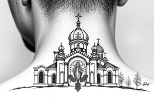medium sized Russian orthodox church with bulb domes with a prominent russian orthodox coat of arms & virgin mary tattoo idea