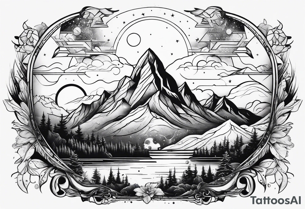 line art mountain vs space tattoo idea