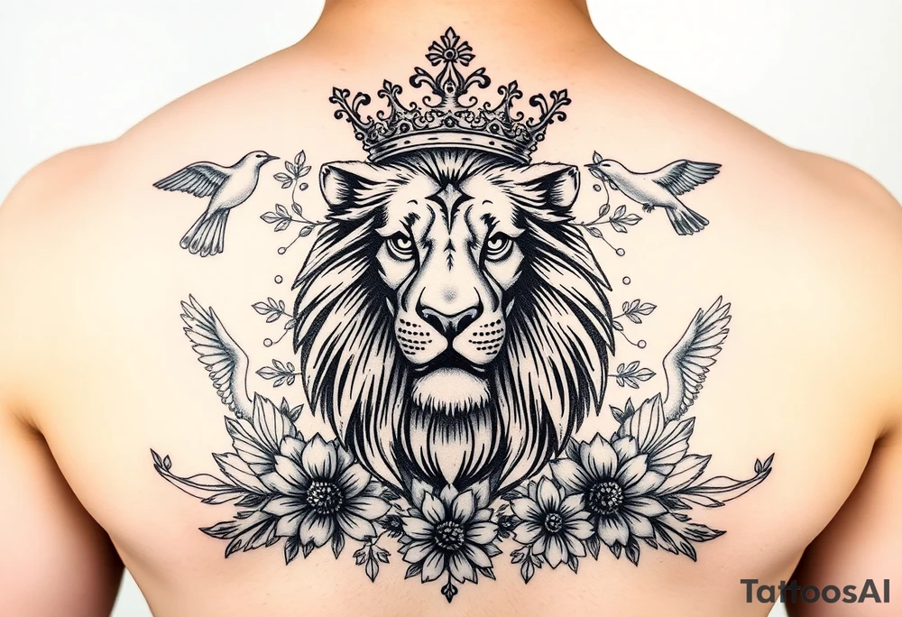 powerful majestic lion with a crown, surrounded by floral ornaments and birds tattoo idea