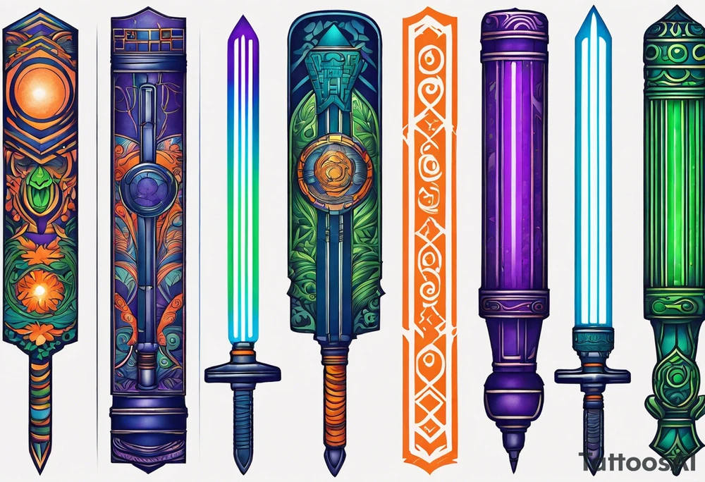 blue lightsaber, green lightsaber, orange lightsaber, purple lightsaber tattoo idea