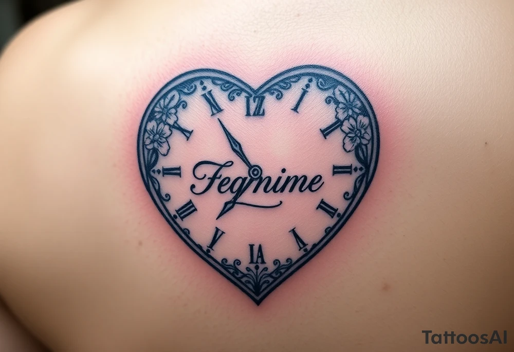A heart-shaped clock with soft pastel pink and blue tones, featuring delicate floral engravings, with the child’s name scripted across the center tattoo idea