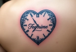A heart-shaped clock with soft pastel pink and blue tones, featuring delicate floral engravings, with the child’s name scripted across the center tattoo idea