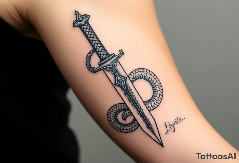 mystical snake coiled around an ancient dagger with jeweled hilt tattoo idea