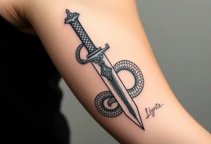 mystical snake coiled around an ancient dagger with jeweled hilt tattoo idea