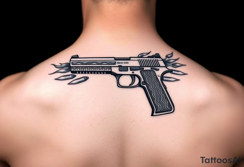 9mm gun with Egyptian detail on handle gun surrounded by flames and two bullets shooting out of gun tattoo idea