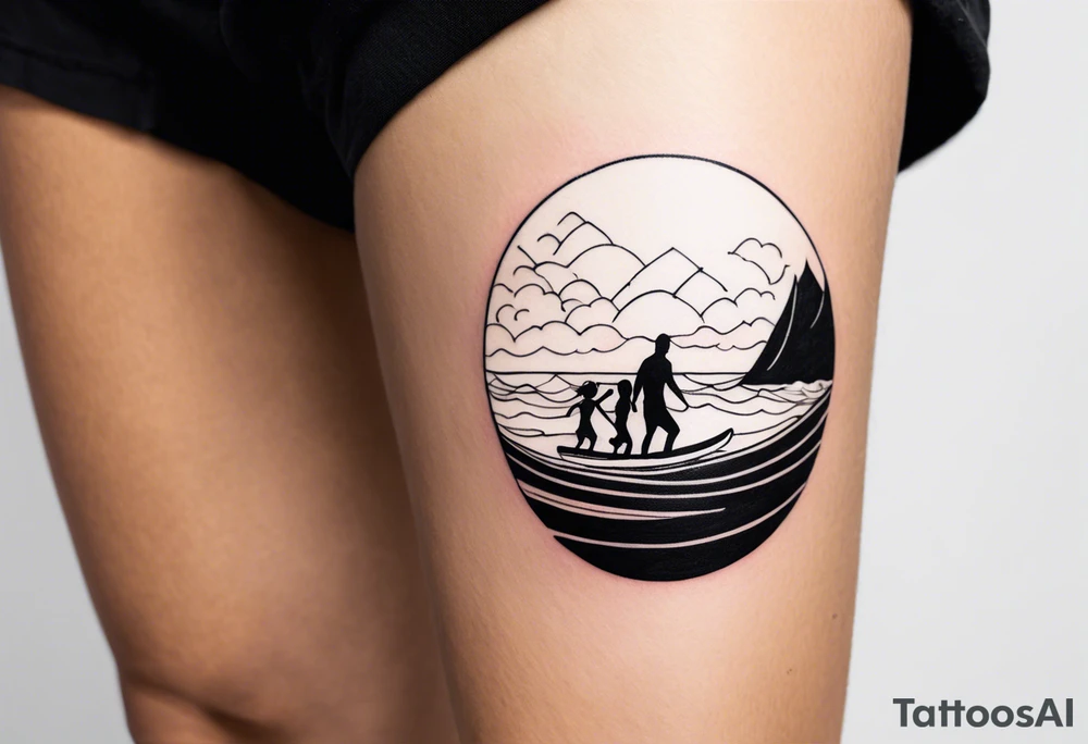 Black and white Line work tattoo depicting a father surfing with his daughters, incorporating musical notes. tattoo idea