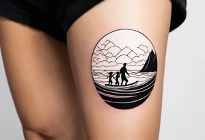 Black and white Line work tattoo depicting a father surfing with his daughters, incorporating musical notes. tattoo idea