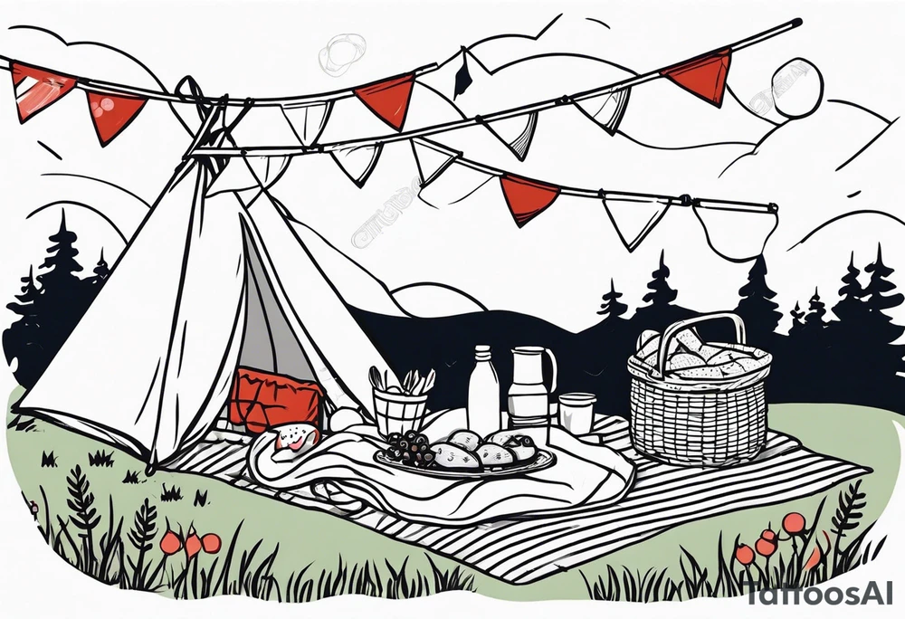 picnic scene on a meadow, with a sheckers blanket, basket, pillows and party pennants. No food and no people. Thin lines. tattoo idea