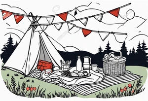 picnic scene on a meadow, with a sheckers blanket, basket, pillows and party pennants. No food and no people. Thin lines. tattoo idea