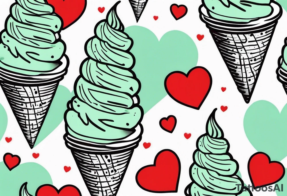 simple mint chocolate chip ice cream cone with small red heart on it somewhere. tattoo idea