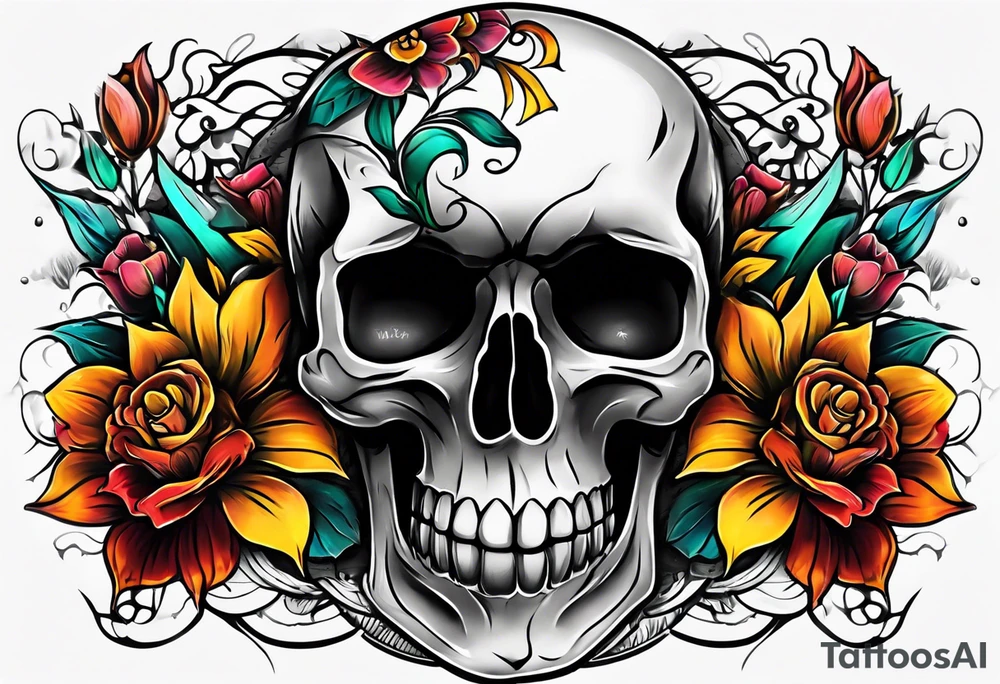 Old school center Knee tattoo with realistic skull, various flowers, water and fall colors tattoo idea