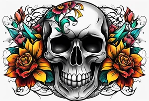 Old school center Knee tattoo with realistic skull, various flowers, water and fall colors tattoo idea