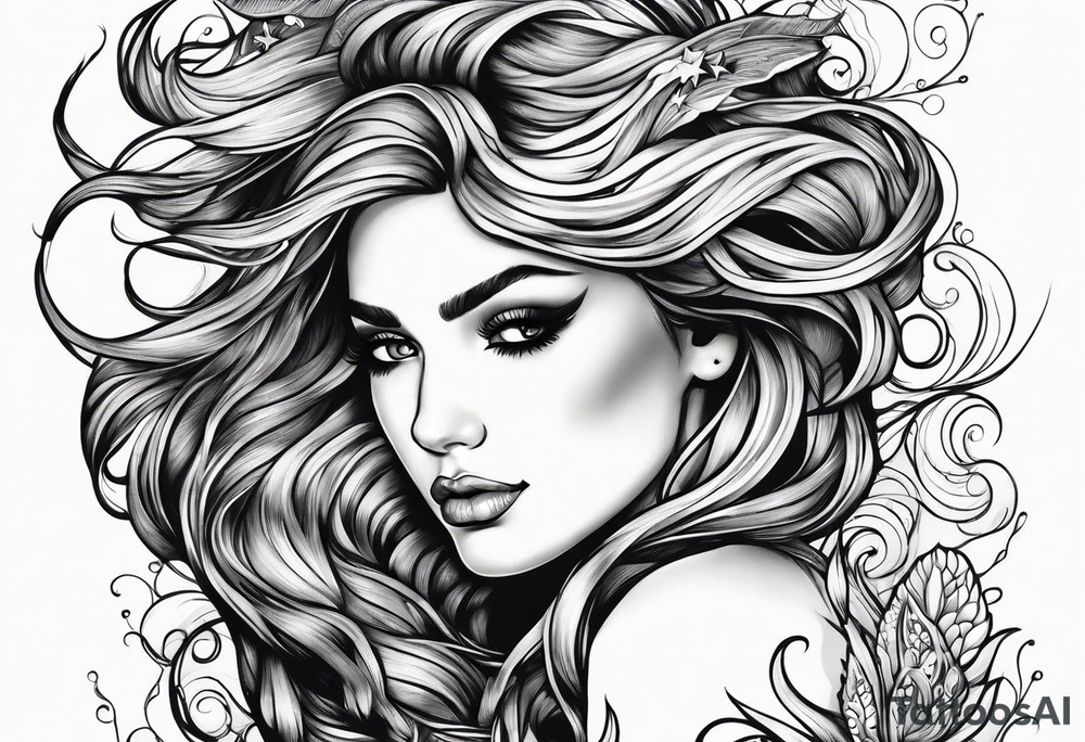 Wildly flowing mermaid hand in her hair tattoo idea
