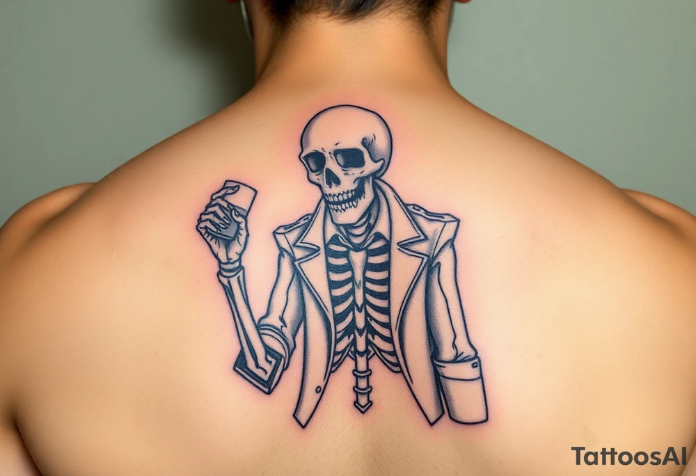 evil skeleton in clothes getting drunk tattoo idea