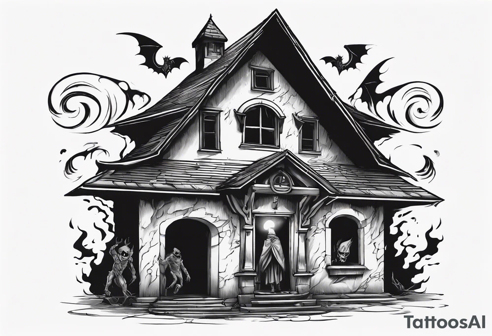 A black demonic shadow lifting the roof, peering out into the surroundings with an ominous presence. tattoo idea