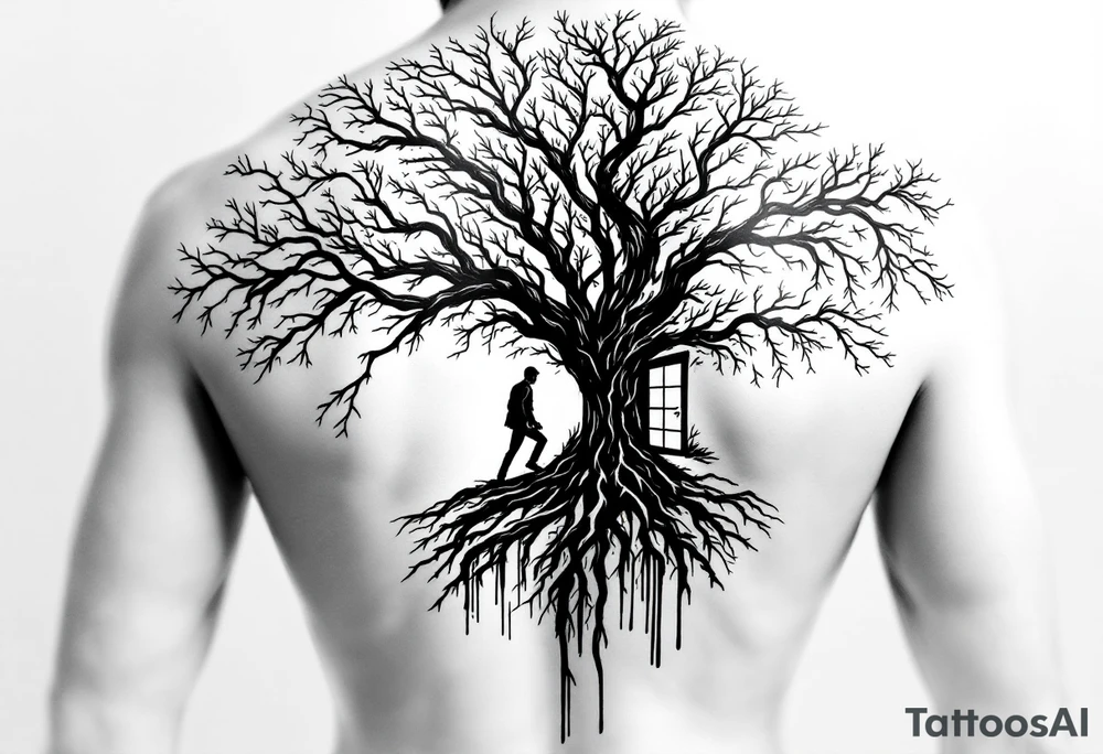 Back tattoo of a big tree with a door and a man walking through the door tattoo idea
