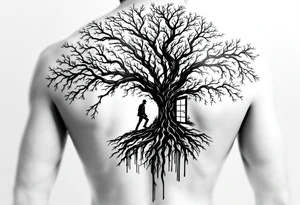 Back tattoo of a big tree with a door and a man walking through the door tattoo idea
