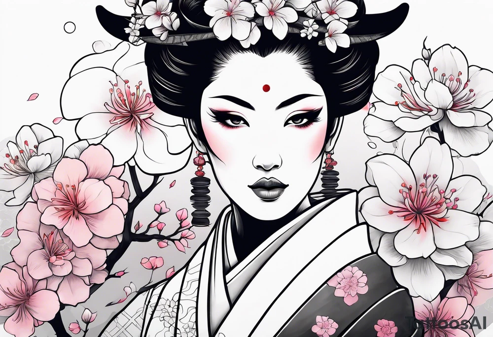 Japanese geisha with ox and sakura flowers tattoo idea