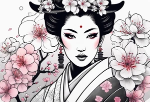 Japanese geisha with ox and sakura flowers tattoo idea