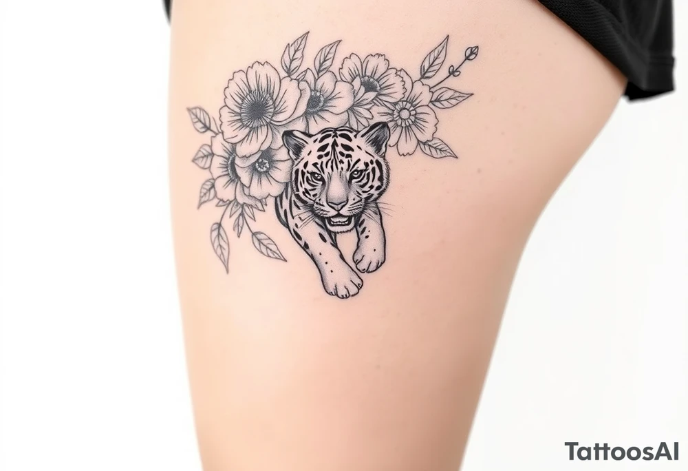 Floral tattoo with baby tiger tattoo idea