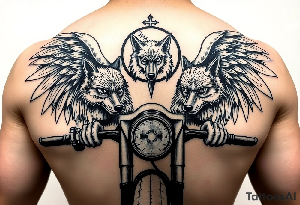 guardian angel wolves on a motorcycle tattoo idea