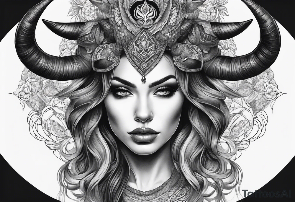 Dark realism beautiful woman looking 
face forward with curved horns facing downwards tattoo idea