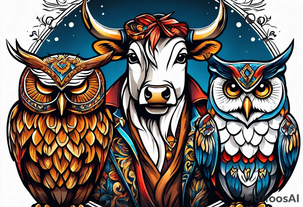 a cow and an owl at wrestle mania tattoo idea